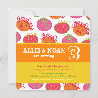 Cartoon Bubblegum Face Twins Birthday Photo Invite