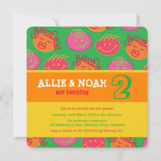 Cartoon Bubblegum Face Twins Birthday Photo Invite