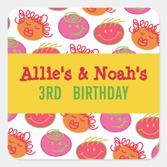Cartoon Bubblegum Heads Twins Children Party Gift Square Sticker