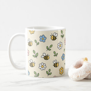 Cartoon Bumble Bee and Flowers Pattern Coffee Mug