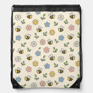 Cartoon Bumble Bee and Flowers Pattern Drawstring Bag
