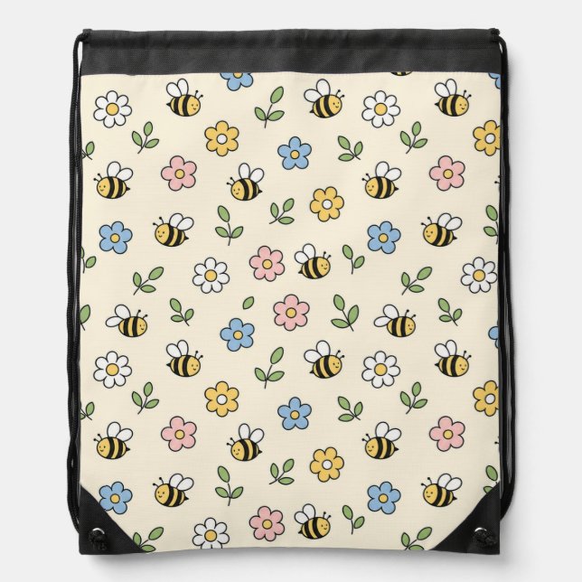 Cartoon Bumble Bee and Flowers Pattern Drawstring Bag (Front)