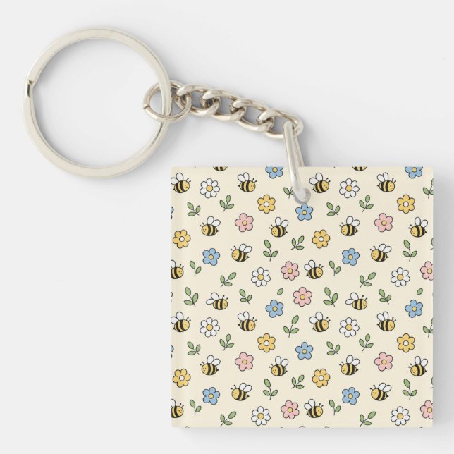 Cartoon Bumble Bee and Flowers Pattern Keychain (Front)