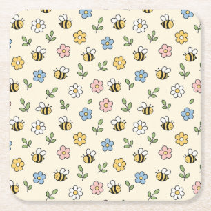 Cartoon Bumble Bee and Flowers Pattern Square Paper Coaster