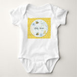 Cartoon bumblebees on a background of blue, yellow baby bodysuit