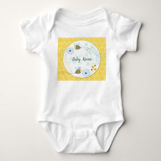 Cartoon bumblebees on a background of blue, yellow baby bodysuit (Front)