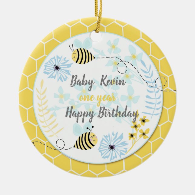 Cartoon bumblebees on a background of blue, yellow ceramic ornament (Front)