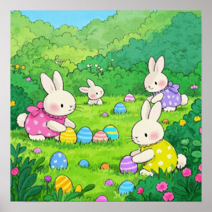 Cartoon Bunnies Easter Eggs Poster
