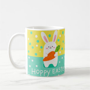 Cartoon bunny holding a carrot, polka dots coffee mug