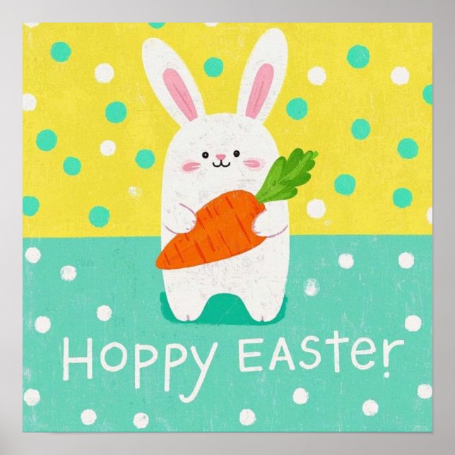 Cartoon bunny holding a carrot, polka dots  poster (Front)