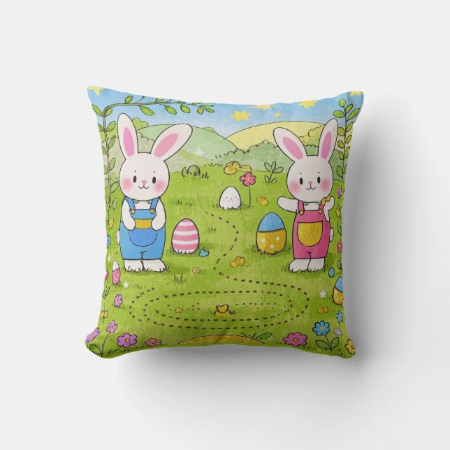 Cartoon bunny holding a carrot throw pillow (Front)