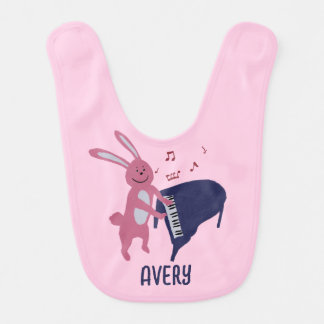 Cartoon Bunny Playing Piano Musical Personalized B Baby Bib