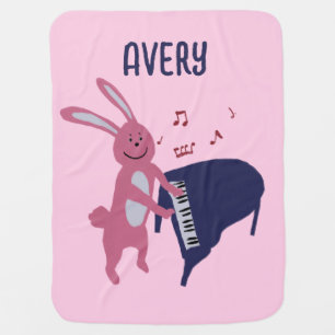 Cartoon Bunny Playing Piano Musical Personalized Baby Blanket