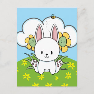 Cartoon Bunny Rabbit And Happy Flowers Postcard