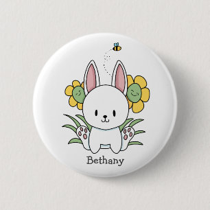 Cartoon Bunny Rabbit With Funny Flowers Button