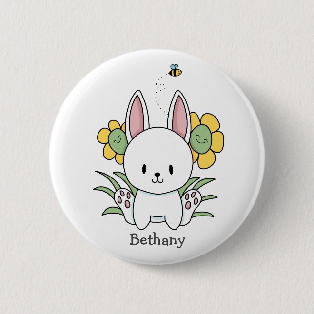 Cartoon Bunny Rabbit With Funny Flowers Button (Front)