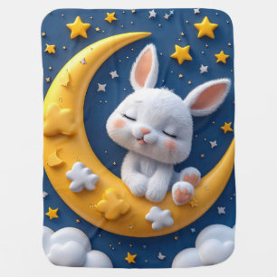 🐰Cartoon Bunny Sleeping on Moon Cozy Night  Baby Blanket