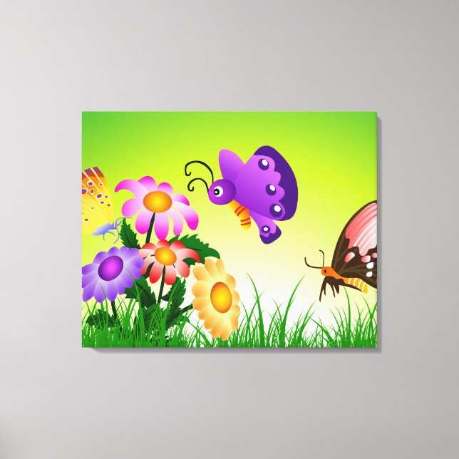 Cartoon Butterflies on Flowers Canvas (Front)