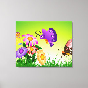Cartoon Butterflies on Flowers Canvas Print