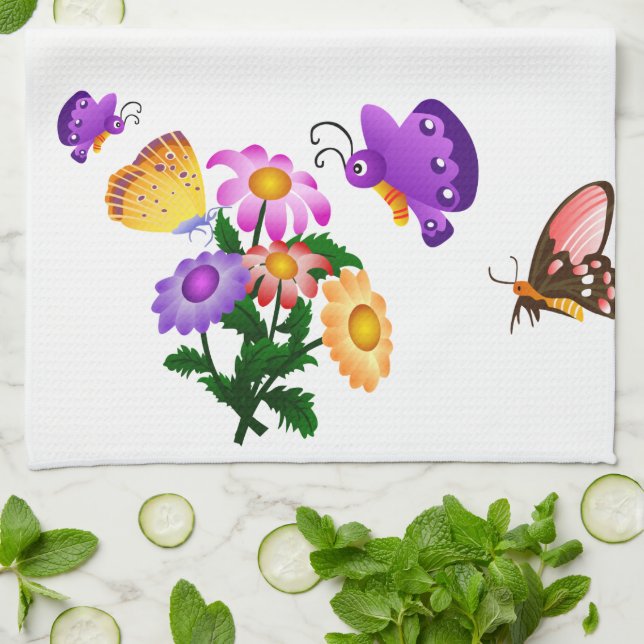 Cartoon Butterfly and Flowers  American MoJo Kitch Kitchen Towel (Folded)