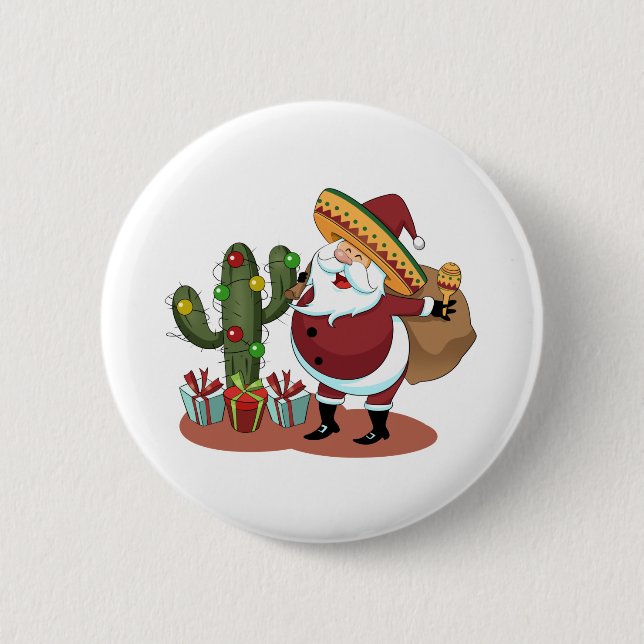 Cartoon cactus and Santa Claus wearing a sombrero Button (Front)