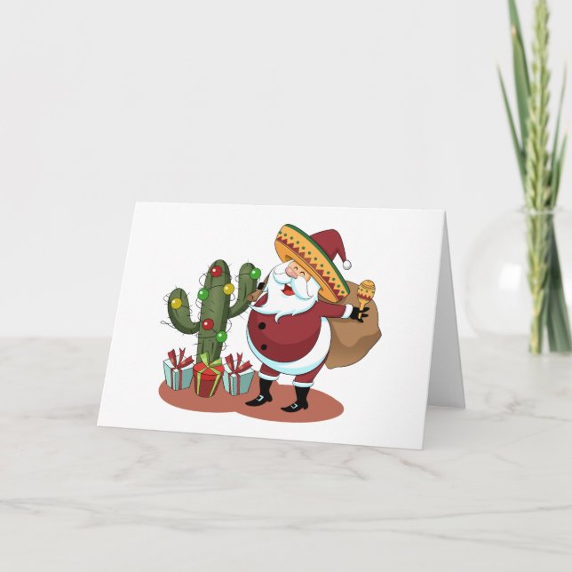 Cartoon cactus and Santa Claus wearing a sombrero Card (Front)
