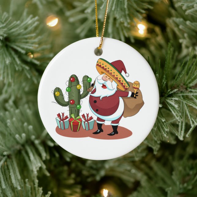 Cartoon cactus and Santa Claus wearing a sombrero Ceramic Ornament (Tree)