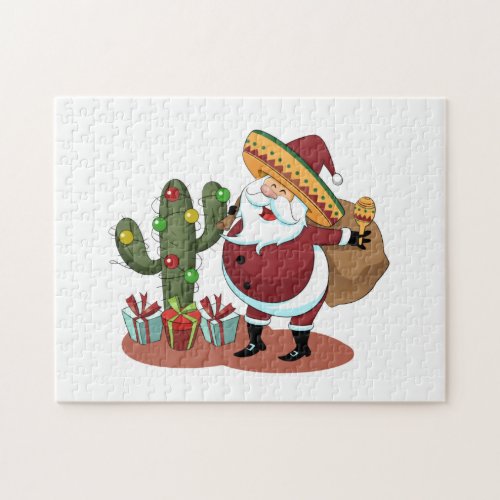 Cartoon cactus and Santa Claus wearing a sombrero Jigsaw Puzzle