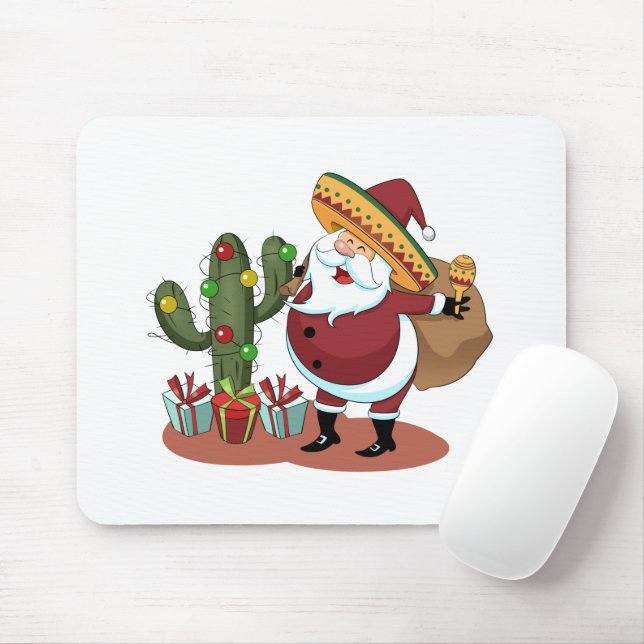 Cartoon cactus and Santa Claus wearing a sombrero Mouse Pad (With Mouse)