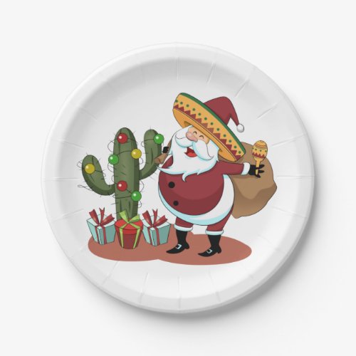 Cartoon cactus and Santa Claus wearing a sombrero Paper Plates