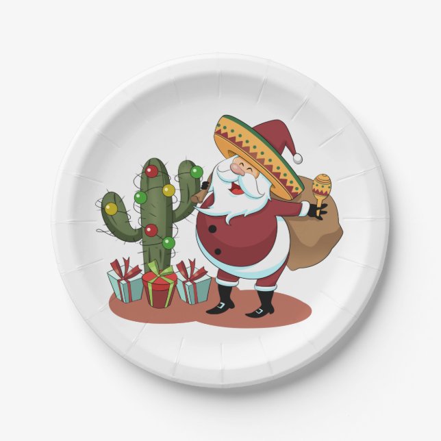 Cartoon cactus and Santa Claus wearing a sombrero Paper Plates (Front)