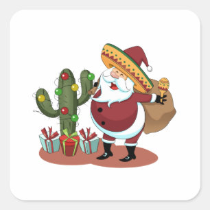 Cartoon cactus and Santa Claus wearing a sombrero Square Sticker