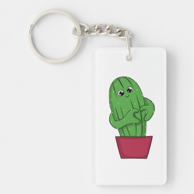 Cartoon Cactus making Heart Sign with Hands Keychain (Front)