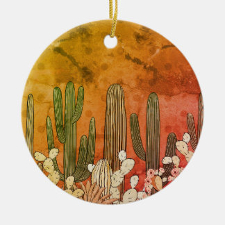 Cartoon Cactus on Orange Ceramic Ornament
