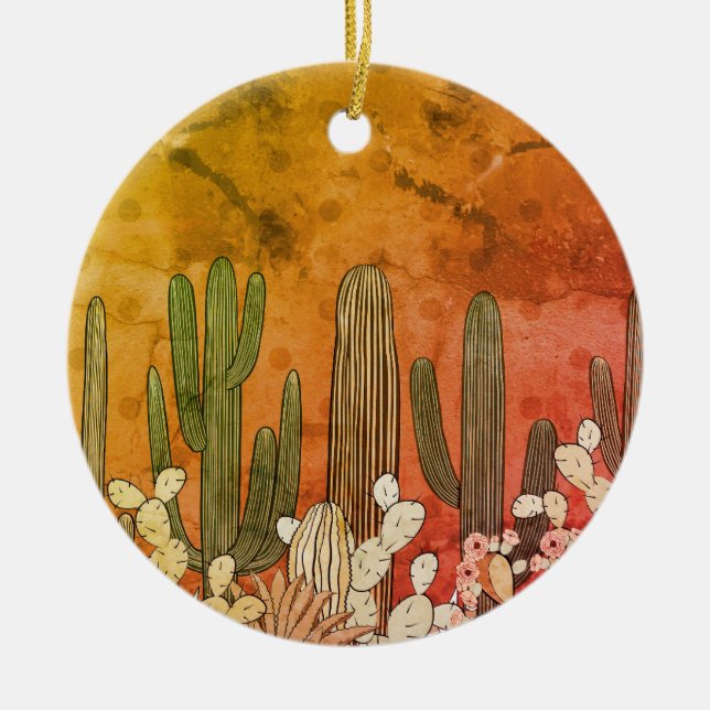 Cartoon Cactus on Orange Ceramic Ornament (Front)