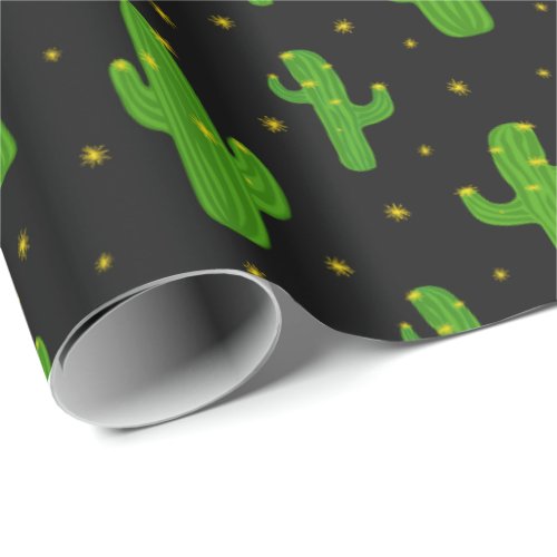 Cartoon Cactus Plants on Black Wrapping Paper
