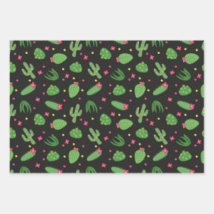 Cartoon cactus with flowers on a black background wrapping paper sheets
