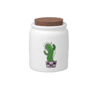 Cartoon Cactus with Headphones and Boombox as Pot Candy Jar