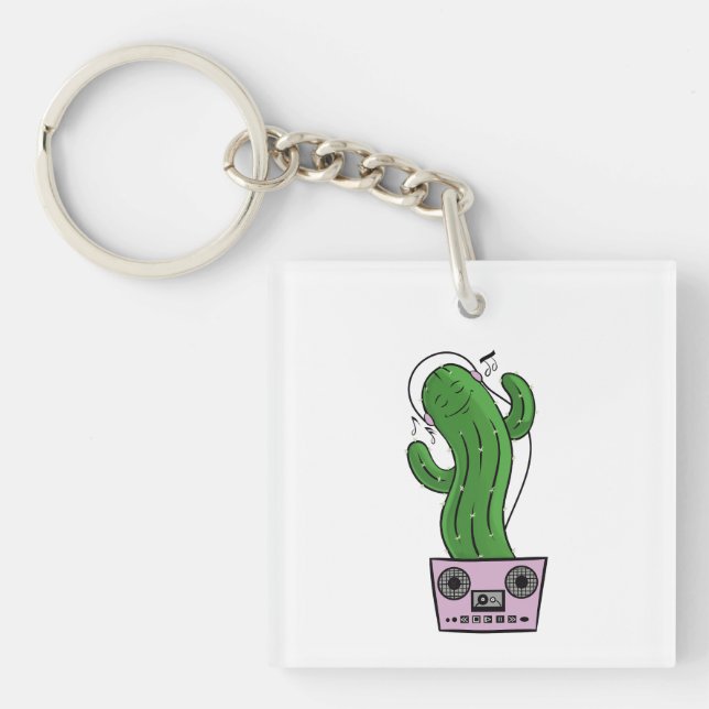 Cartoon Cactus with Headphones and Boombox as Pot Keychain (Front)
