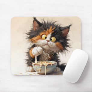 Cartoon Calico Cat Playing With Breakfast Mouse Pad