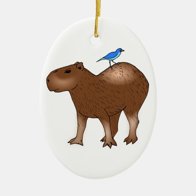 Cartoon Capybara with Blue Bird on Its Back Ceramic Ornament (Front)