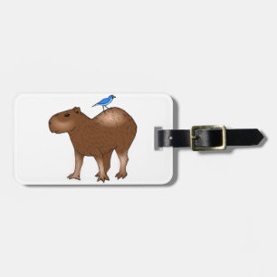 Cartoon Capybara with Blue Bird on Its Back Luggage Tag