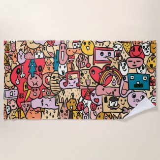 Cartoon Caracter Hand Drawn Toss Pattern Kids Beach Towel