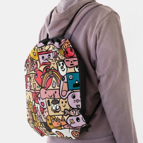 Cartoon Caracter Hand Drawn Toss Pattern Kids  Drawstring Bag