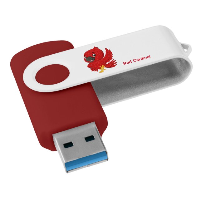 Cartoon Cardinal Flash Drive (A USB drive with a red and white color scheme, featuring a cartoon.)