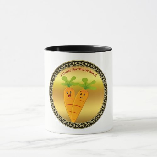 Cartoon carrots with big eyes and a smile to go mug