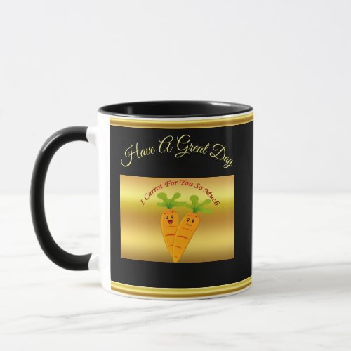 Cartoon carrots with big eyes and a smile to go mug