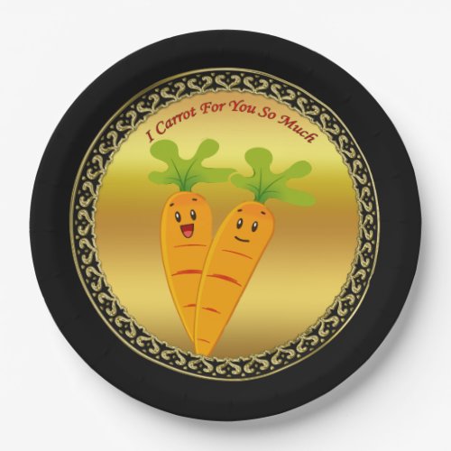 Cartoon carrots with big eyes and a smile to go paper plates