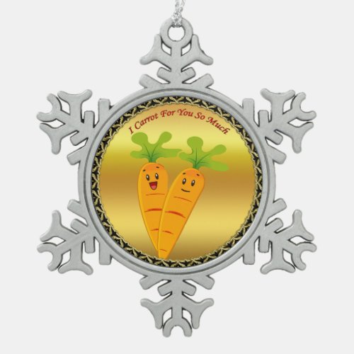 Cartoon carrots with big eyes and a smile to go snowflake pewter christmas ornament