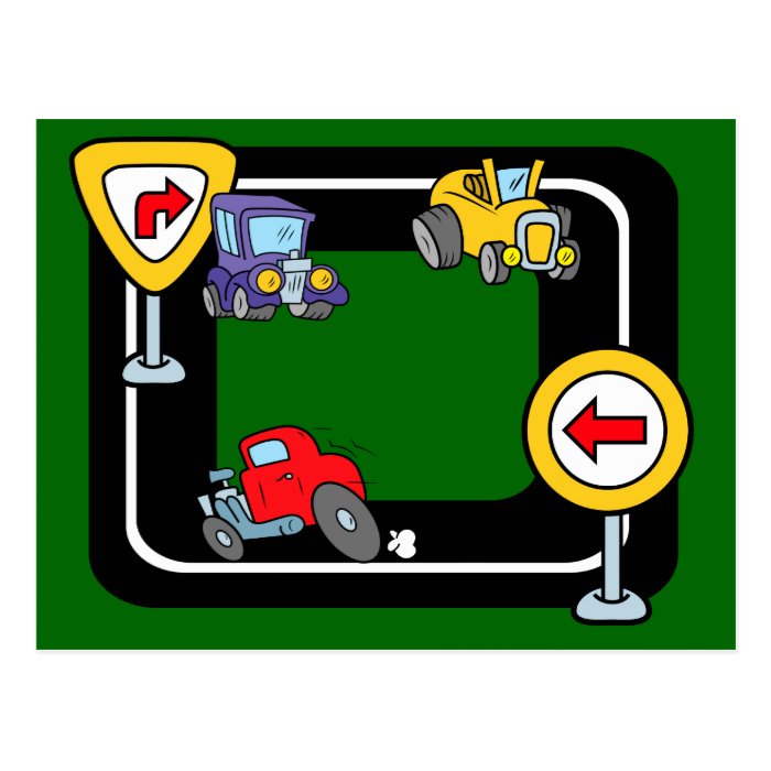 Cartoon Cars on a Race Track Post Cards